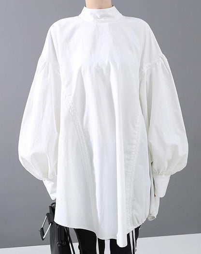 Lantern Sleeve Woman Casual Style Black White Hipster Blouse Shirt - SooLinen