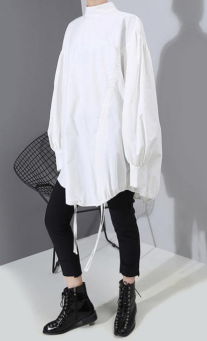 Lantern Sleeve Woman Casual Style Black White Hipster Blouse Shirt - SooLinen