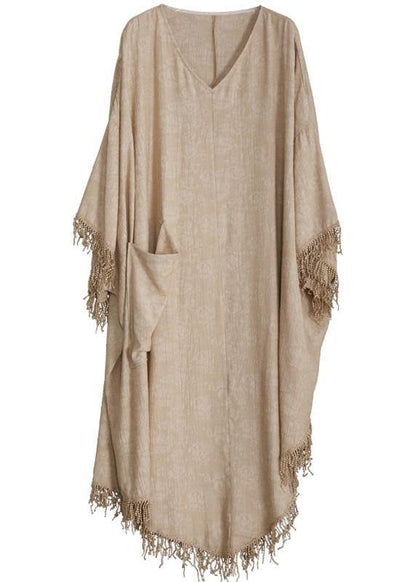 Plus Size Khaki Silk Linen Jacquard Tassel Dress Two Piece Set - SooLinen