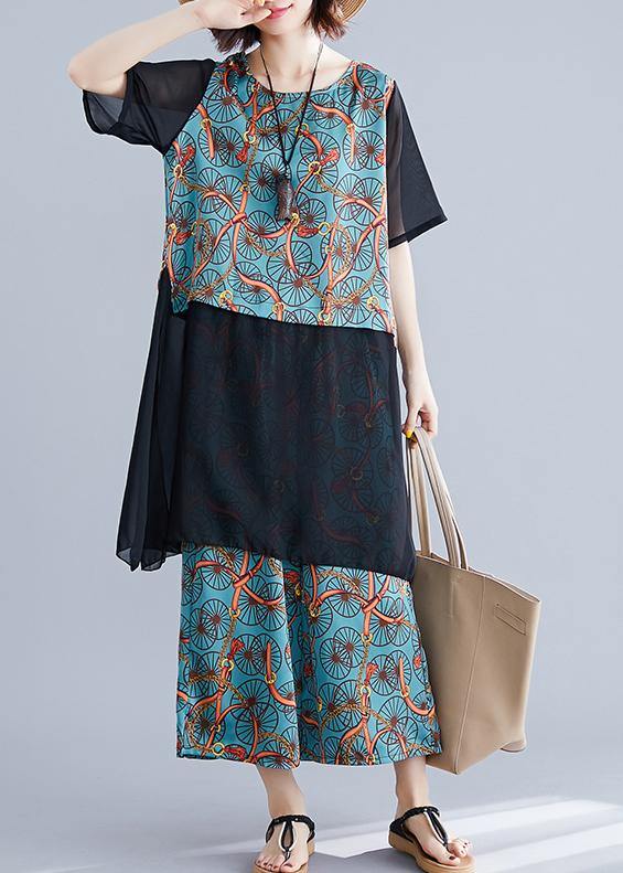 Large size women covered belly  women wearing wide-leg pants women's blue two-piece - SooLinen