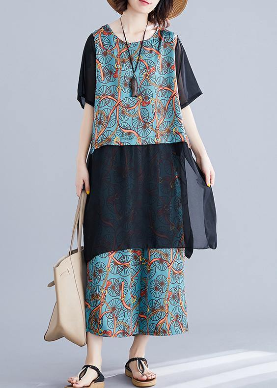 Large size women covered belly  women wearing wide-leg pants women's blue two-piece - SooLinen