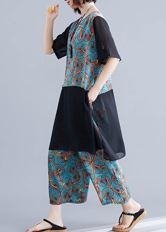 Large size women covered belly  women wearing wide-leg pants women's blue two-piece - SooLinen