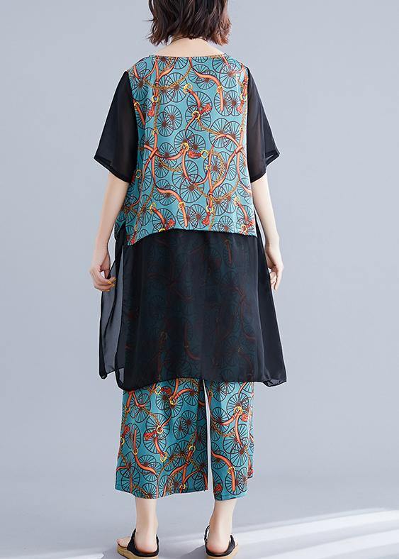 Large size women covered belly  women wearing wide-leg pants women's blue two-piece - SooLinen