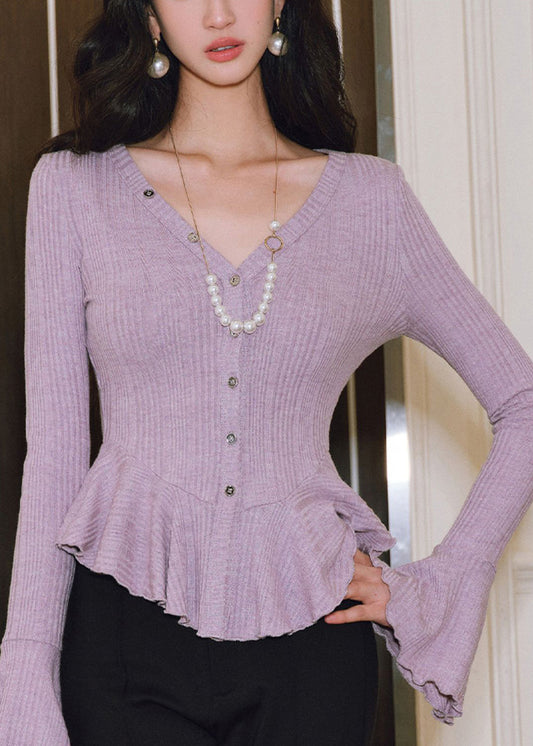 Lavendelfarbener, schmal geschnittener Strickcardigan mit Rüschenärmeln