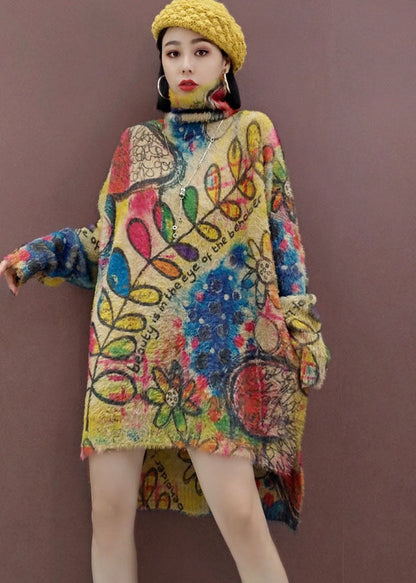 Blätter Print lose Strickkleider Seite offen Frühling