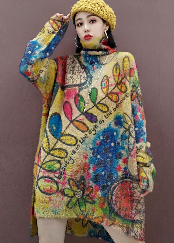 Blätter Print lose Strickkleider Seite offen Frühling