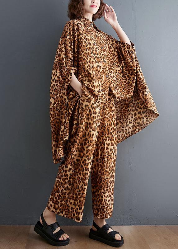 Leopard Chiffon Two Piece Irregular Shirt Wide Leg Capris - SooLinen
