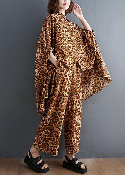 Leopard Chiffon Two Piece Irregular Shirt Wide Leg Capris - SooLinen