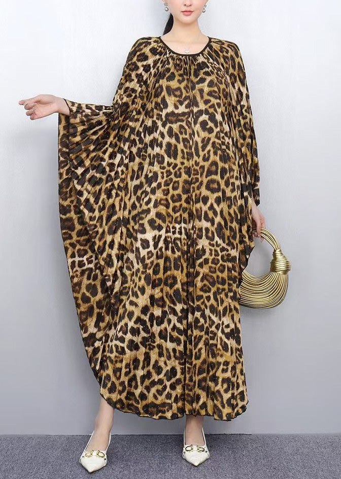 Leopard Print Long Dresses Oversized Batwing Sleeve
