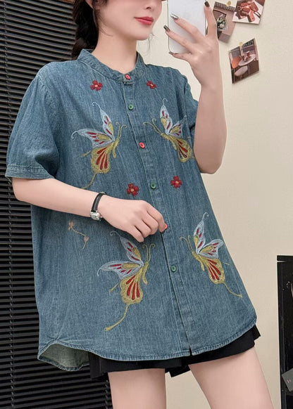 Light Blue Butterfly Denim Shirt Tops Embroidered Summer