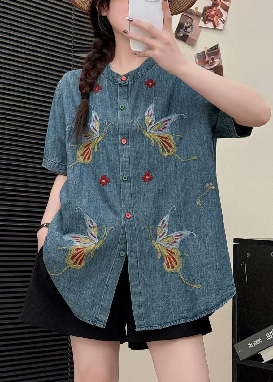 Light Blue Butterfly Denim Shirt Tops Embroidered Summer