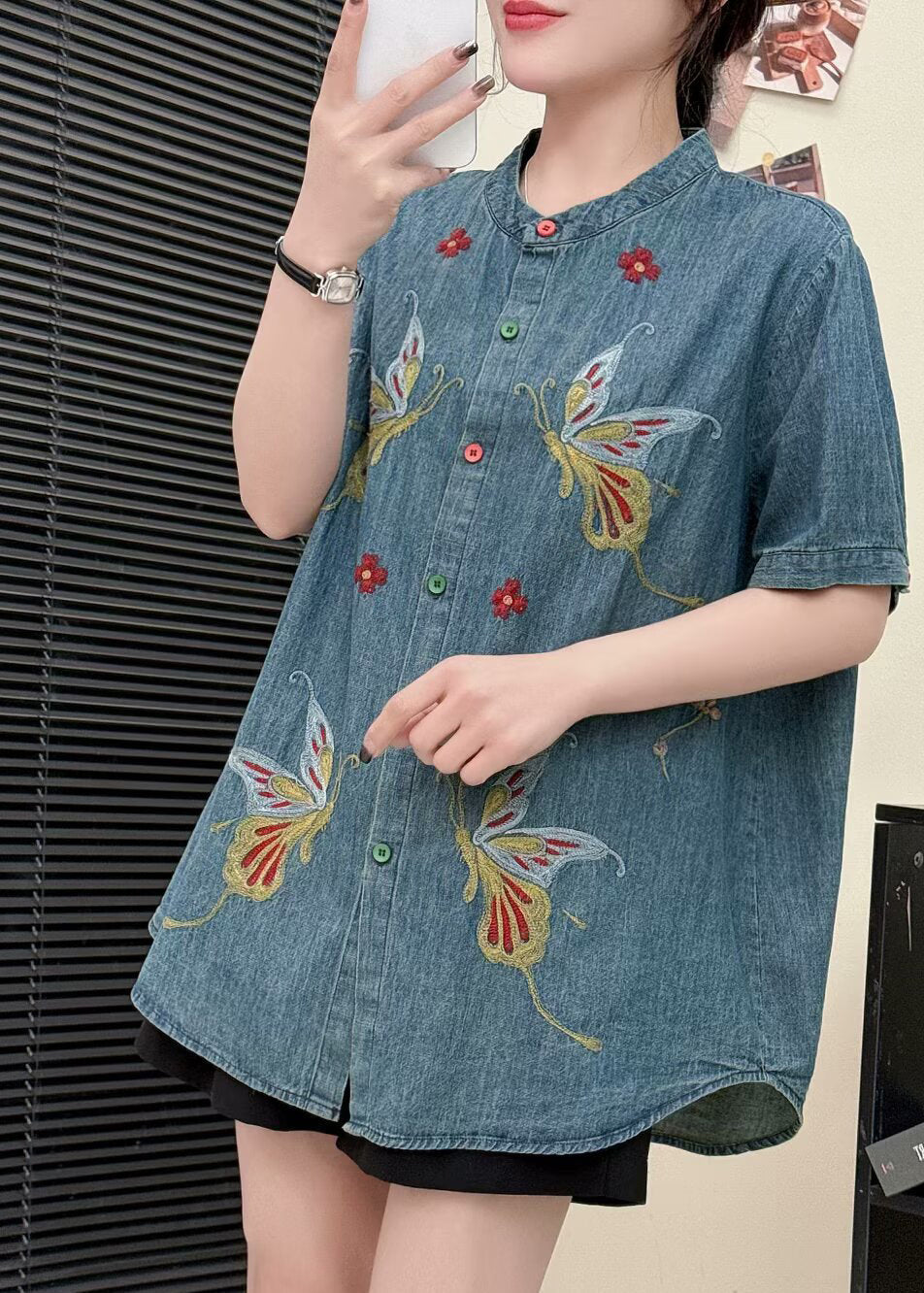 Light Blue Butterfly Denim Shirt Tops Embroidered Summer