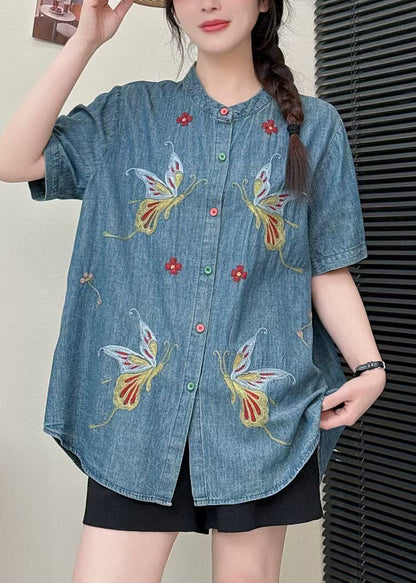 Light Blue Butterfly Denim Shirt Tops Embroidered Summer
