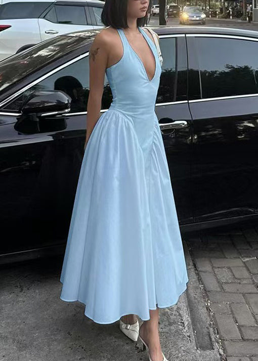 Light Blue Cotton Dresses V Neck Exra Large Hem Summer