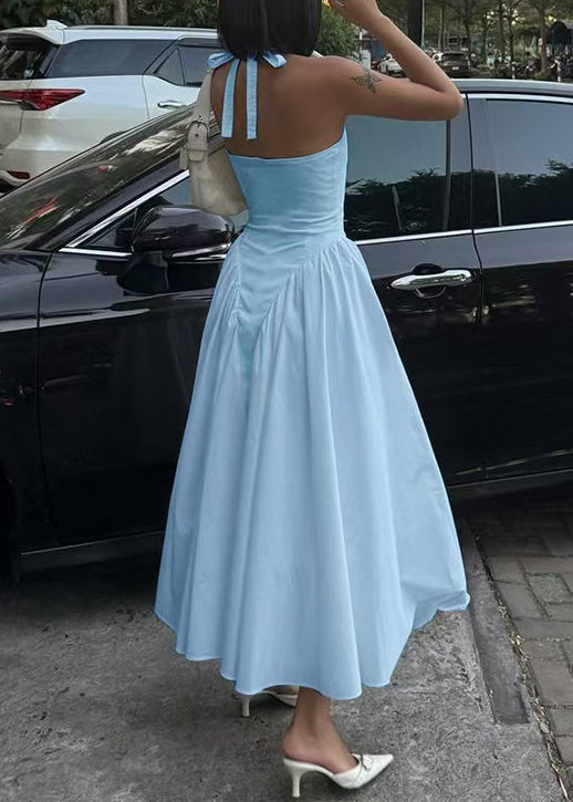 Light Blue Cotton Dresses V Neck Exra Large Hem Summer