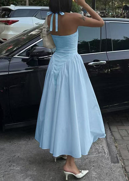 Light Blue Cotton Dresses V Neck Exra Large Hem Summer