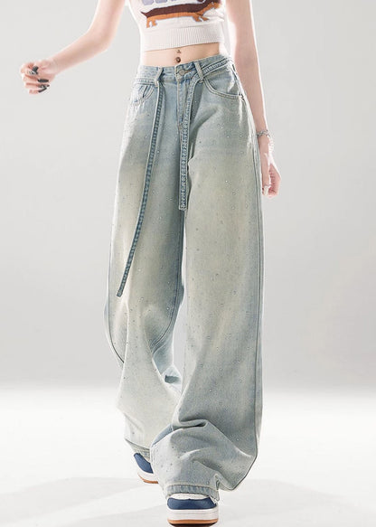 Light Blue Gradient Color Pockets High Waist Denim Pants Zircon
