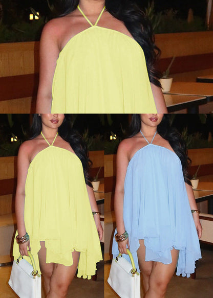 Light Blue Halter Chiffon Tea Dress Asymmetrical Summer