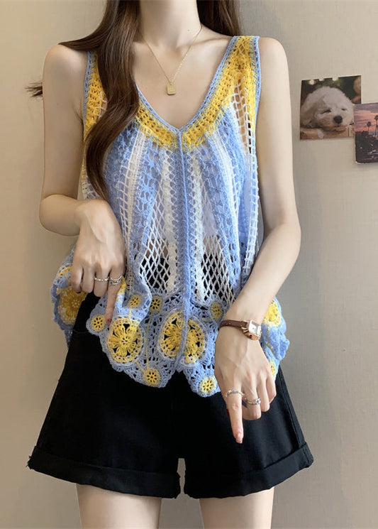 Light Blue Hollow Out Knit Top Sleeveless