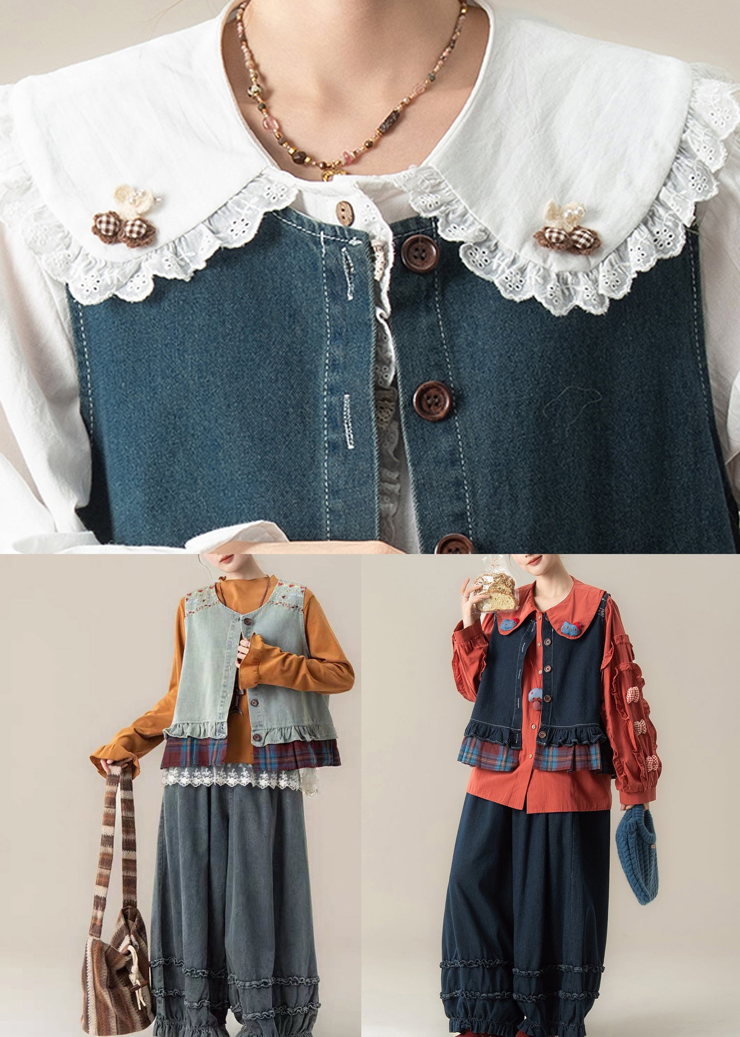 Conjunto de tres piezas sin mangas con chaleco, top y vaqueros de cuello redondo azul claro