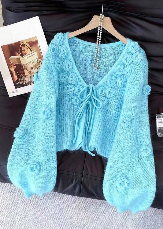 Light Blue Original Design Lace Up Solid Knit Cardigan Floral Fall