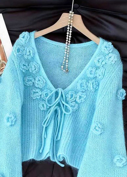 Light Blue Original Design Lace Up Solid Knit Cardigan Floral Fall
