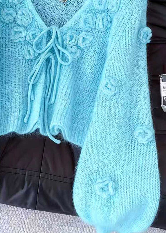 Light Blue Original Design Lace Up Solid Knit Cardigan Floral Fall