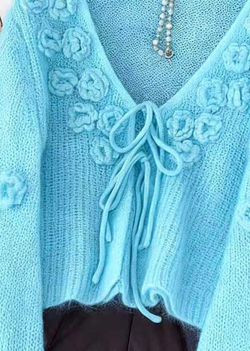 Light Blue Original Design Lace Up Solid Knit Cardigan Floral Fall