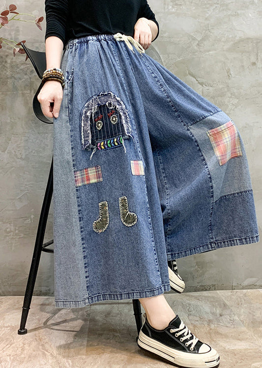 Light Blue Patchwork Applique Denim Pants Embroidered Summer