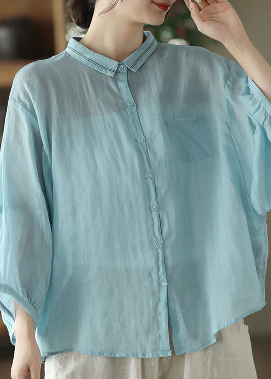 Camisa Peter Pan azul claro de ramio liso para primavera