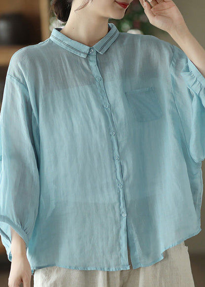 Camisa Peter Pan azul claro de ramio liso para primavera