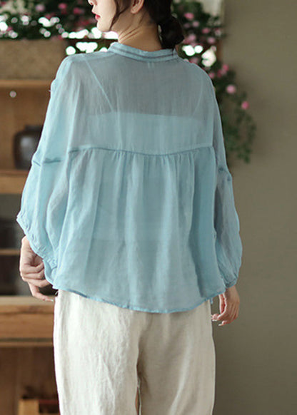 Camisa Peter Pan azul claro de ramio liso para primavera