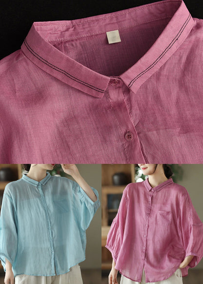 Camisa Peter Pan azul claro de ramio liso para primavera