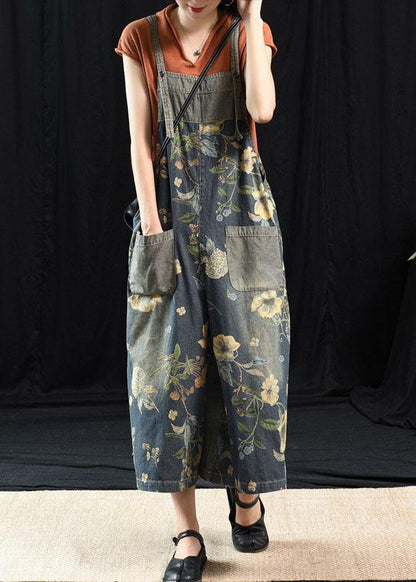 Light Blue Retro Loose Print Summer Pockets Denim Jumpsuit - SooLinen