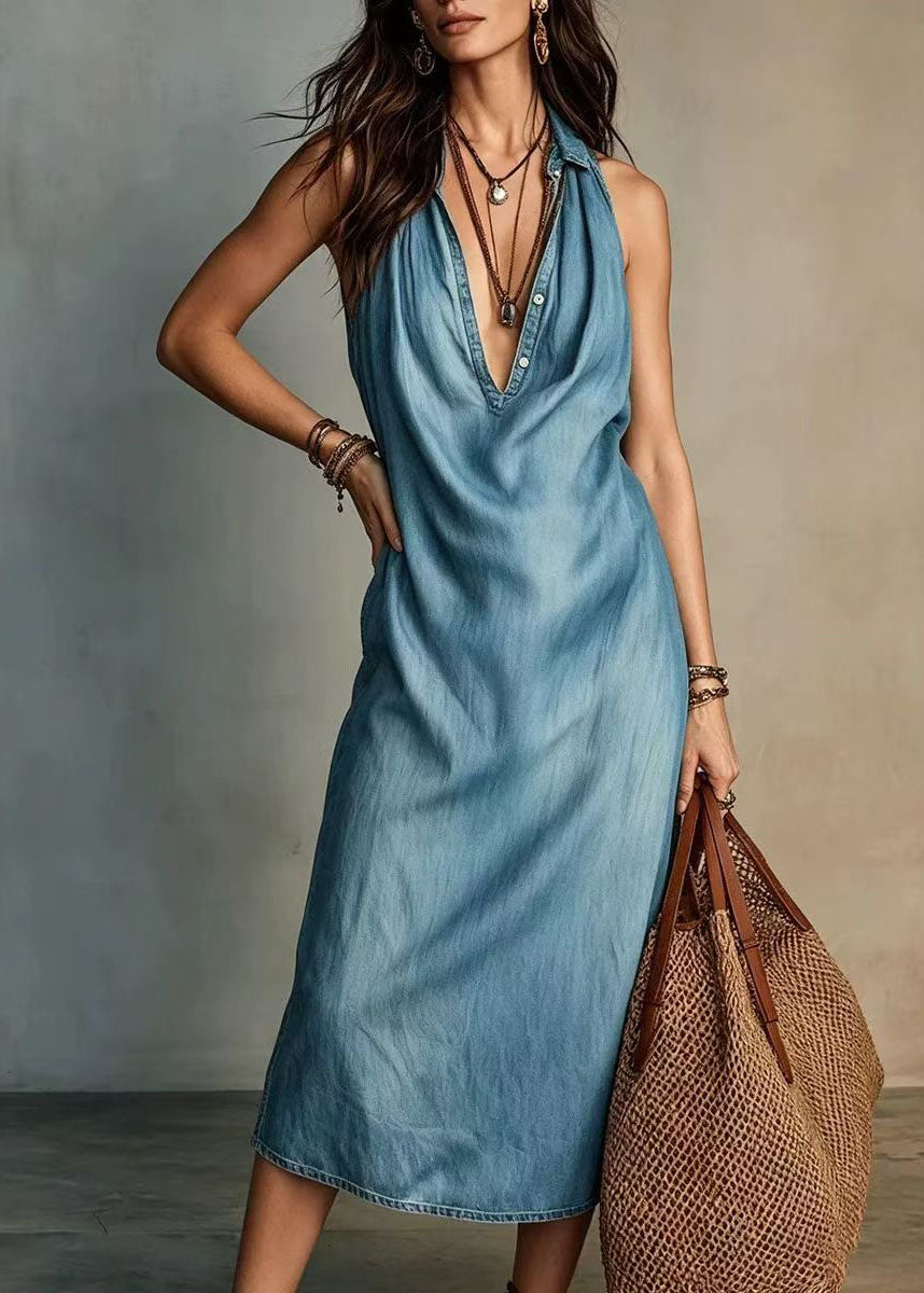 Light Blue Vacation Dresses V Neck Summer