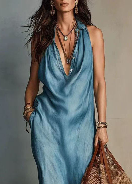 Light Blue Vacation Dresses V Neck Summer