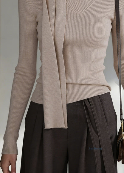 Light Camel Cozy Solid Knit Sweater Bow