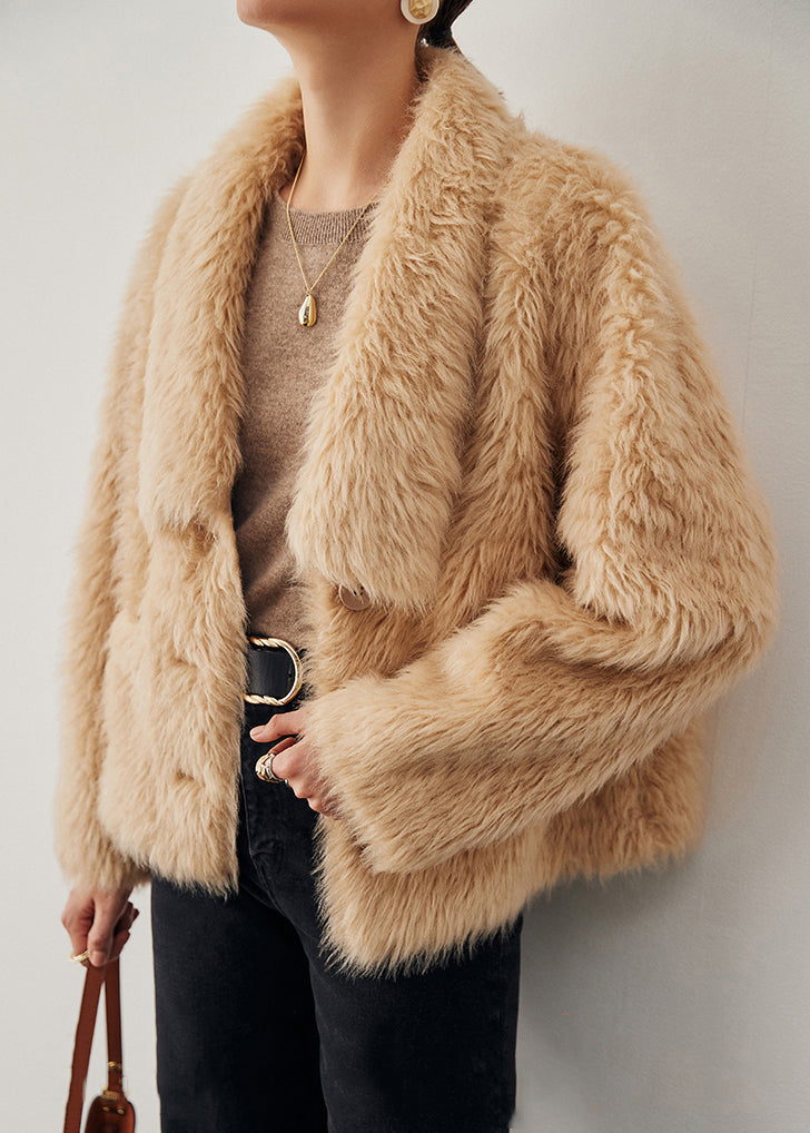 Light Camel Pockets Solid Woolen Winter Coats V Neck