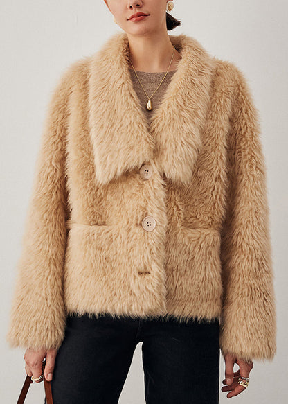 Light Camel Pockets Solid Woolen Winter Coats V Neck