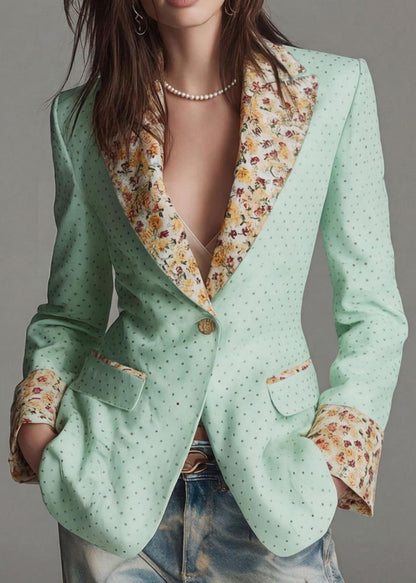 Light Green Dot Print Patchwork Cotton Blazer Jackets Coat Peter Pan Collar Fall