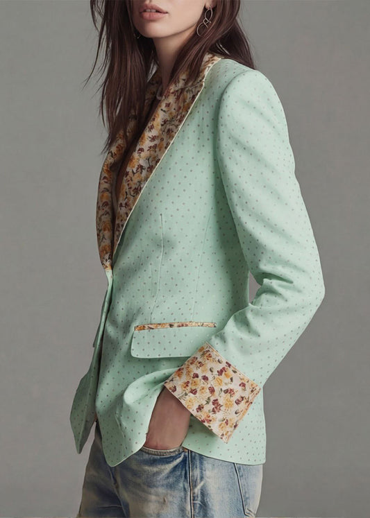 Light Green Dot Print Patchwork Cotton Blazer Jackets Coat Peter Pan Collar Fall