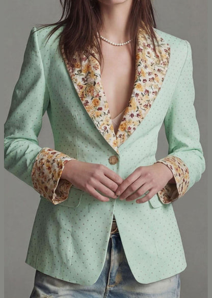Light Green Dot Print Patchwork Cotton Blazer Jackets Coat Peter Pan Collar Fall