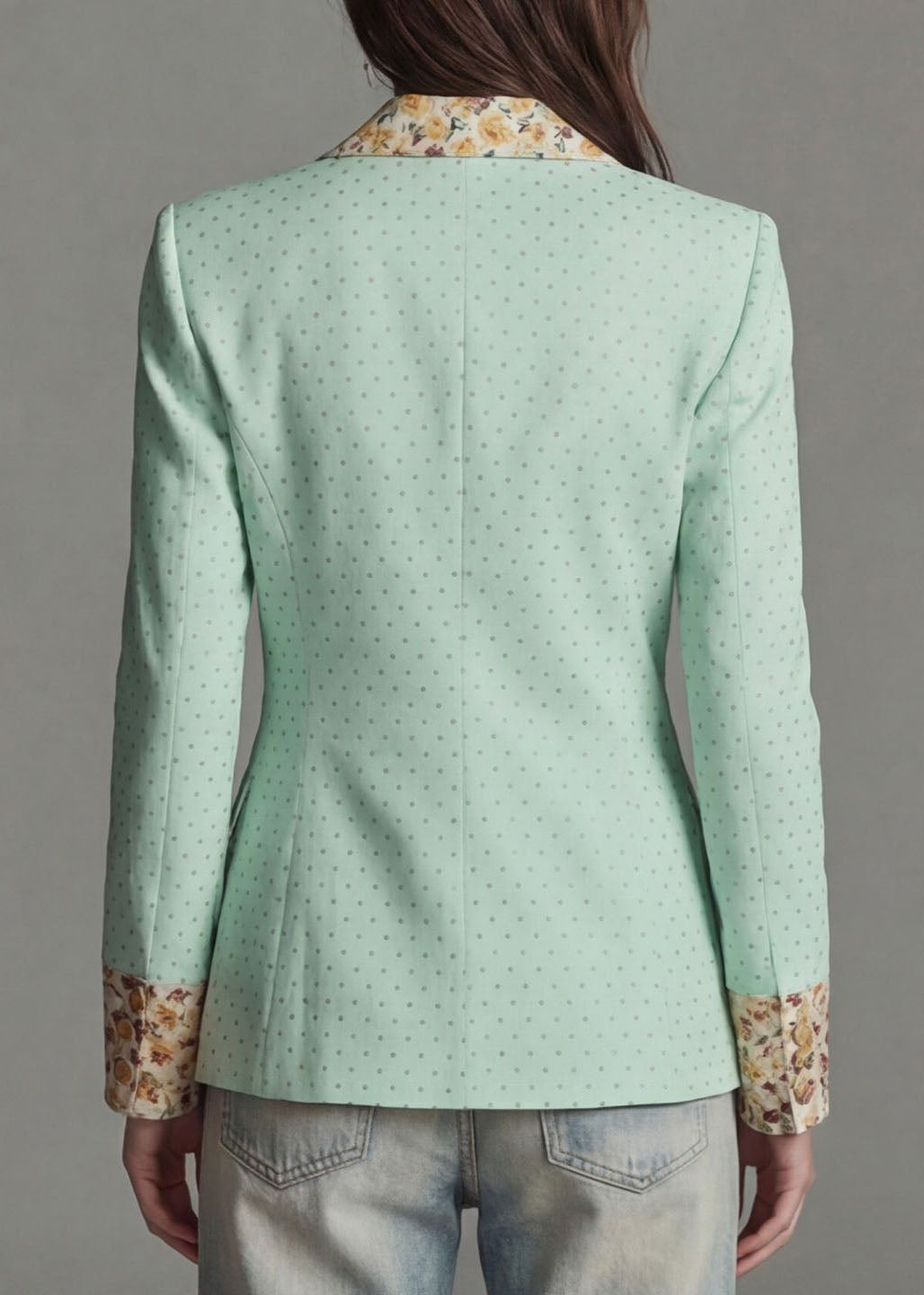 Light Green Dot Print Patchwork Cotton Blazer Jackets Coat Peter Pan Collar Fall