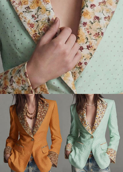Light Green Dot Print Patchwork Cotton Blazer Jackets Coat Peter Pan Collar Fall