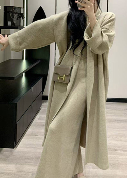 Hellgrüner Strick-Maximantel und Maxikleid, zweiteiliges Set, asymmetrischer Langarm