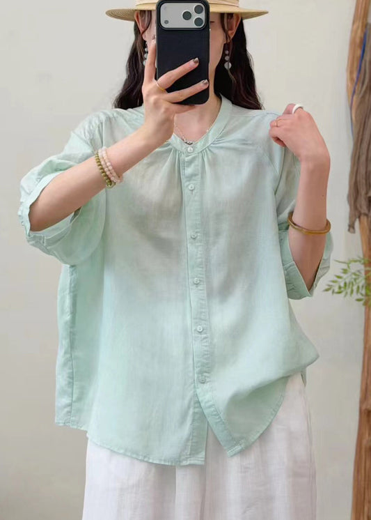 Light Green Linen Top Oversized Wrinkled Half Sleeve