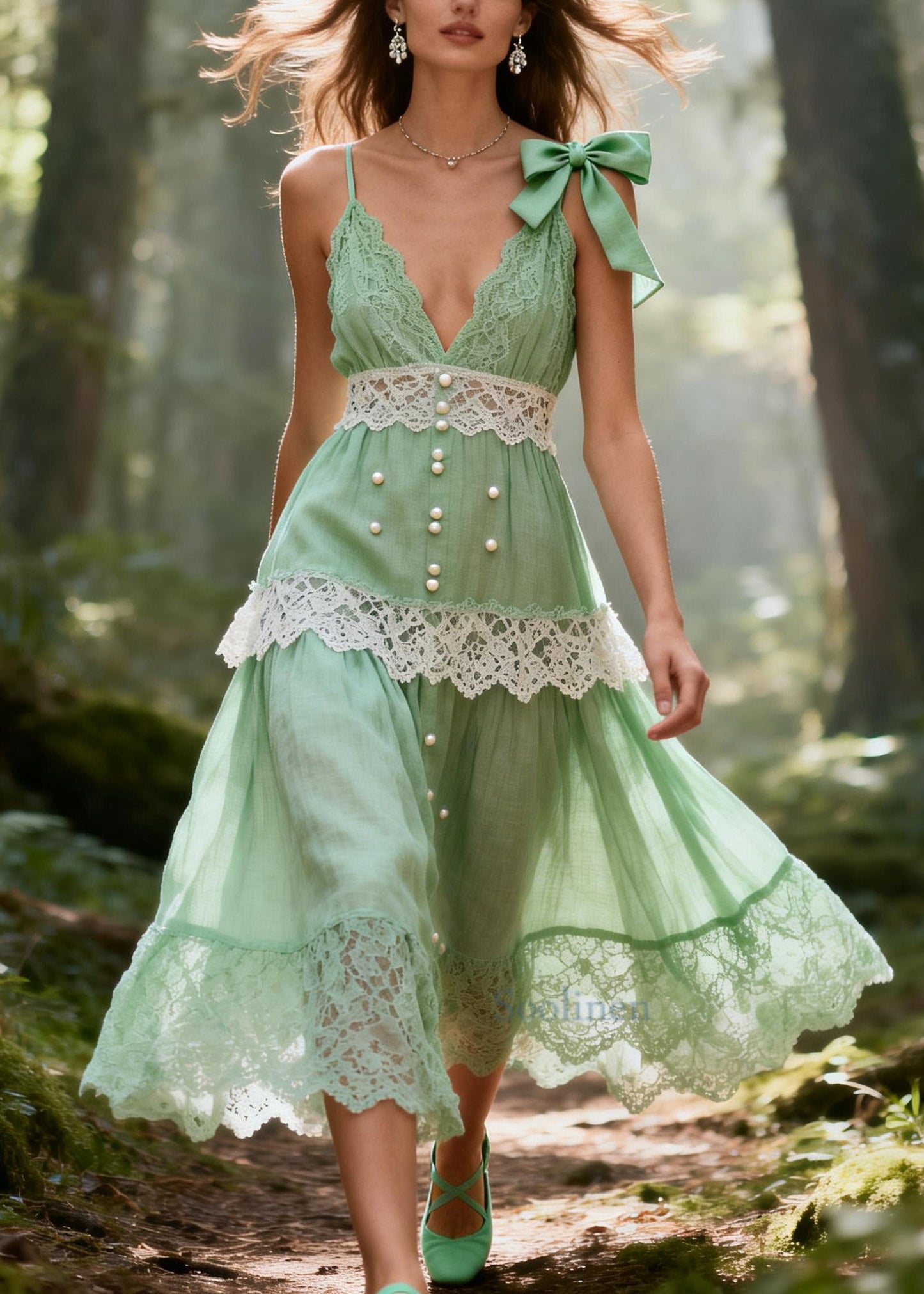 Light Green Patchwork Lace Sundress Fine Pearl Bow Summer