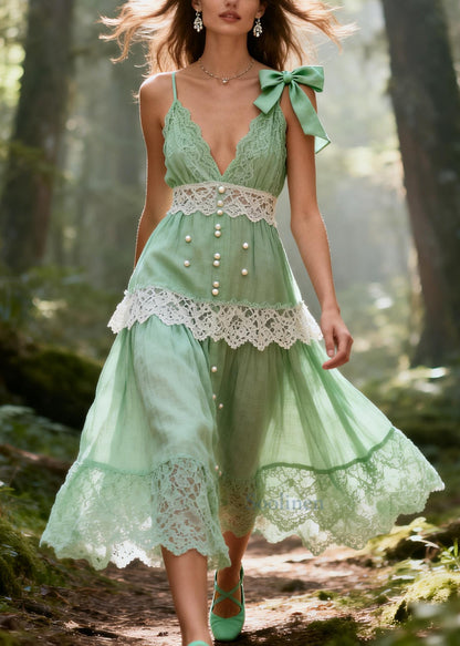 Light Green Patchwork Lace Sundress Fine Pearl Bow Summer