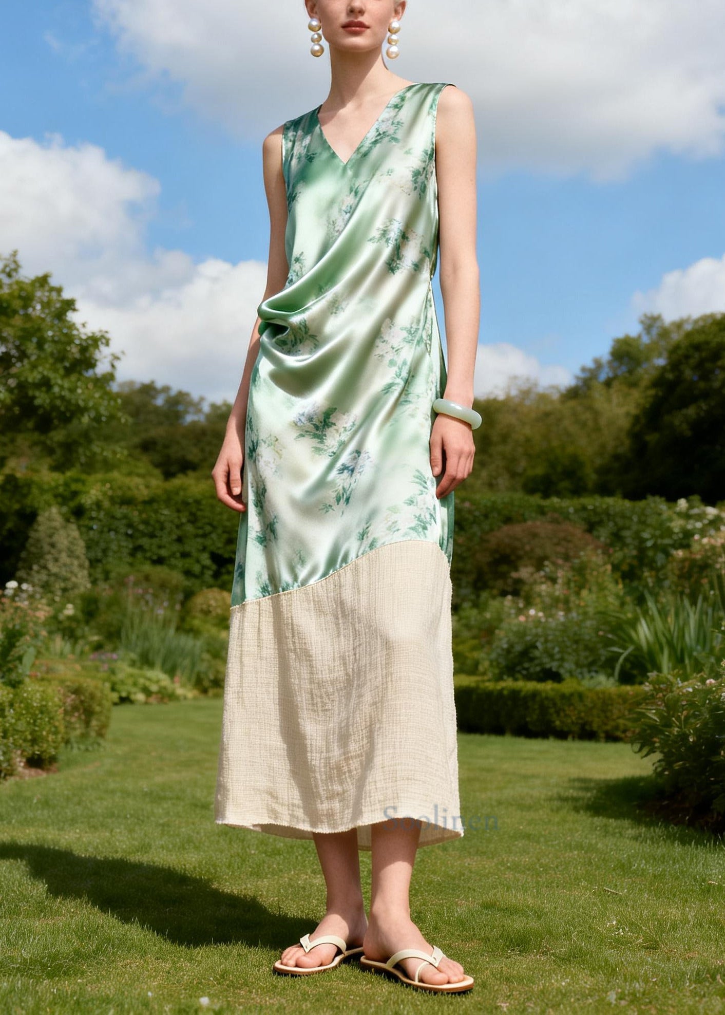 Light Green Patchwork Linen Silk Long Dress Print Sleeveless