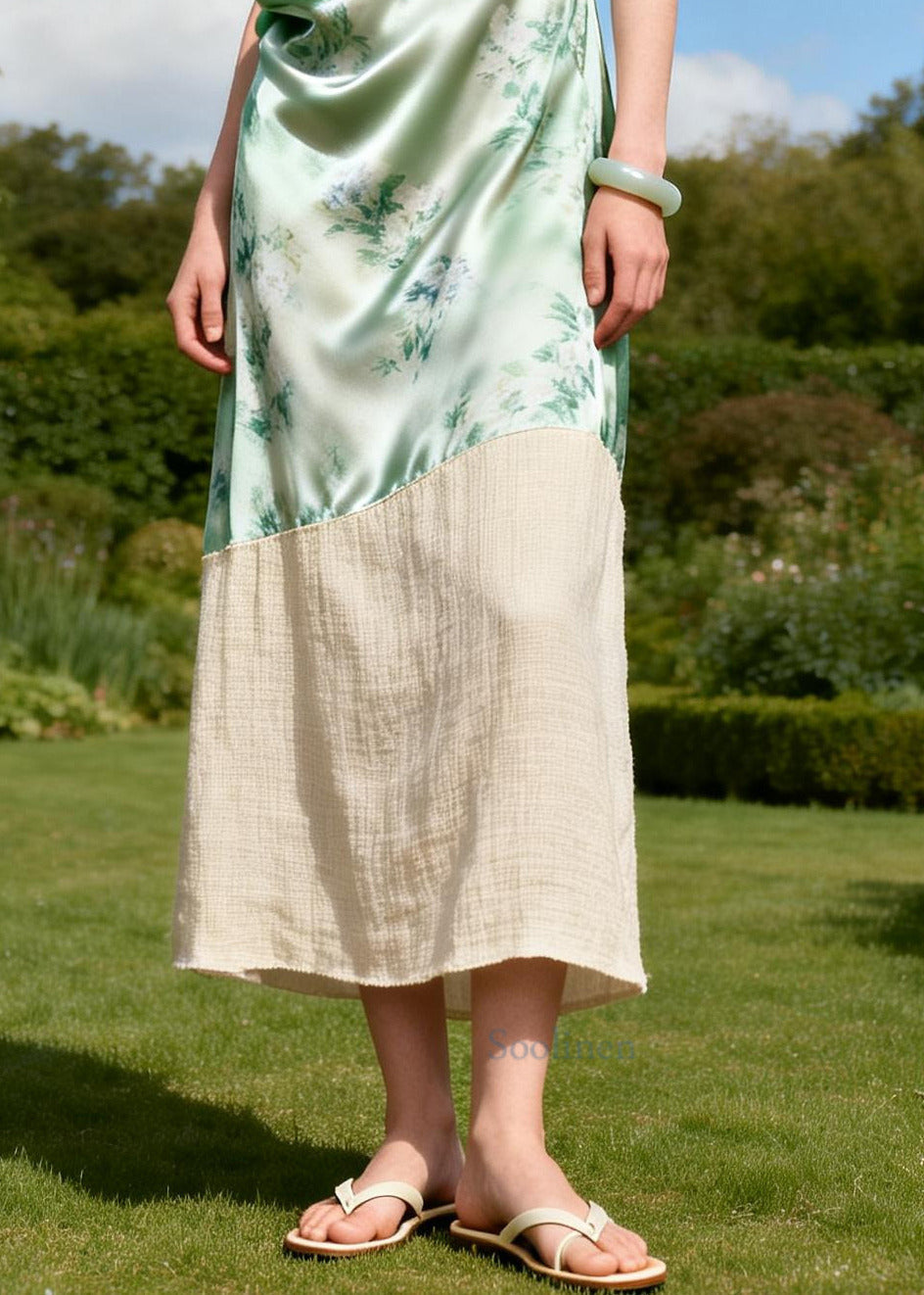 Light Green Patchwork Linen Silk Long Dress Print Sleeveless